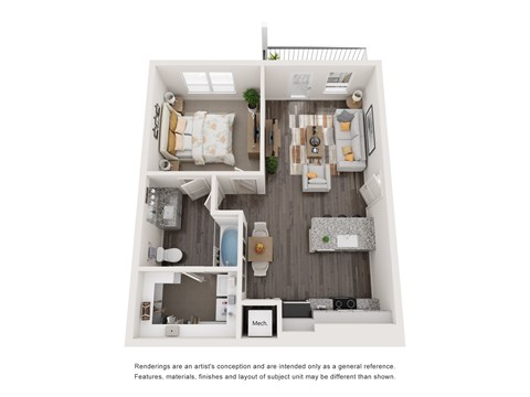 Floor plan for 1 bed, 1 bath, 725 sqft